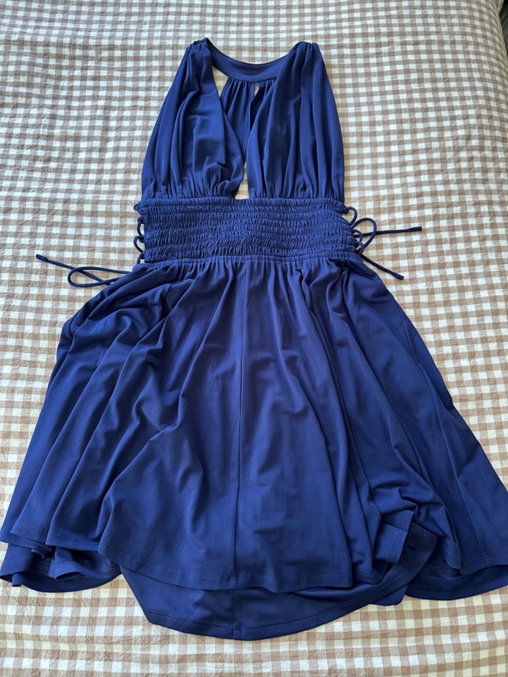 Express Royal Blue Deep-V Peekaboo Mini Dress